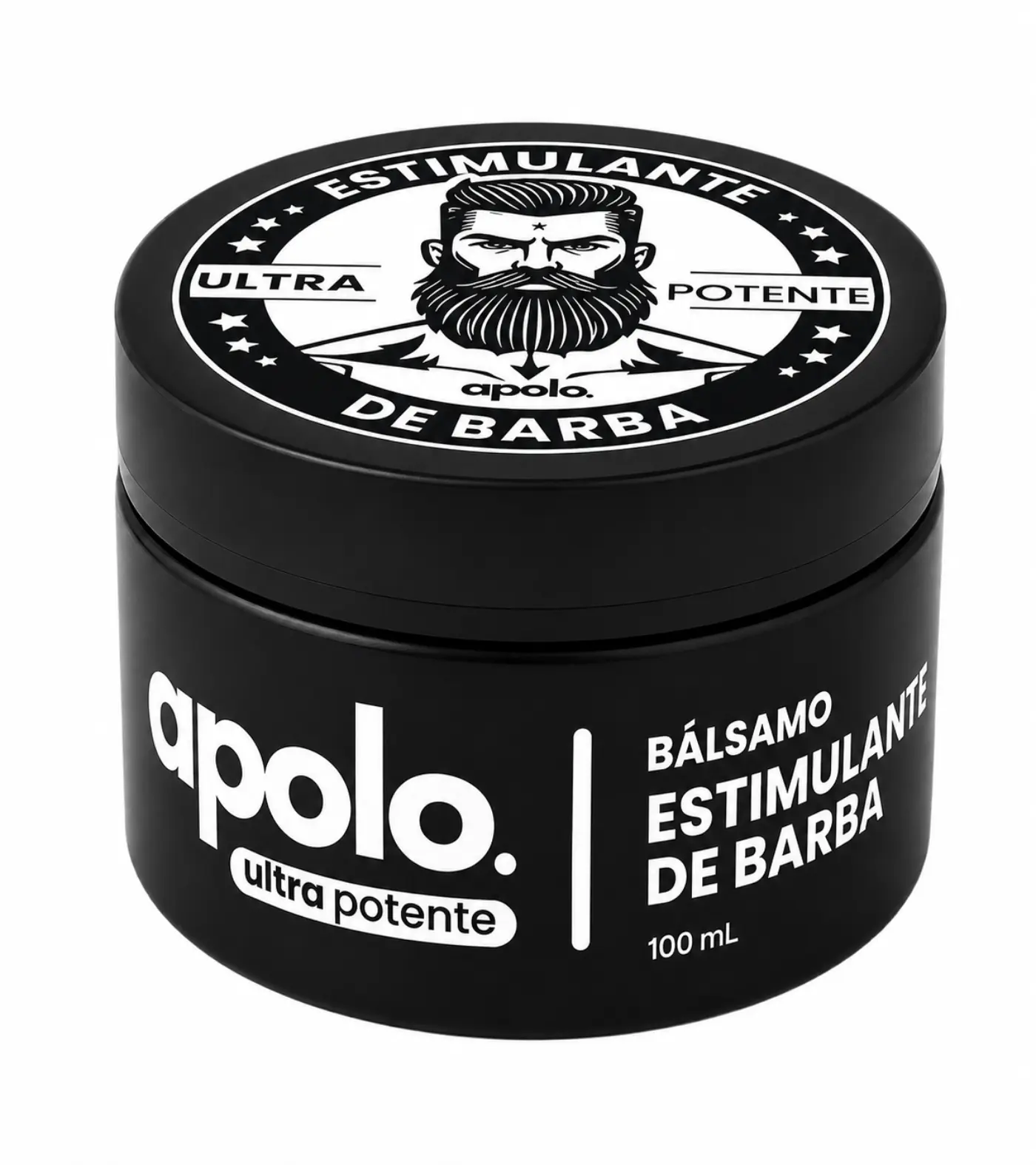 Apolo premium beard growth balm in a matte black 100ml jar, front view product photography