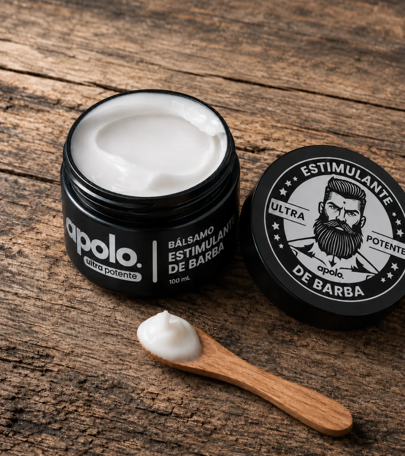 Top-down view of open Apolo jar showing smooth, glossy white cream texture with a dollop on a wooden spatula.