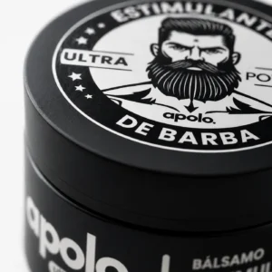 Close-up macro shot of the high-quality white print lettering and logo on the Apolo beard balm jar.