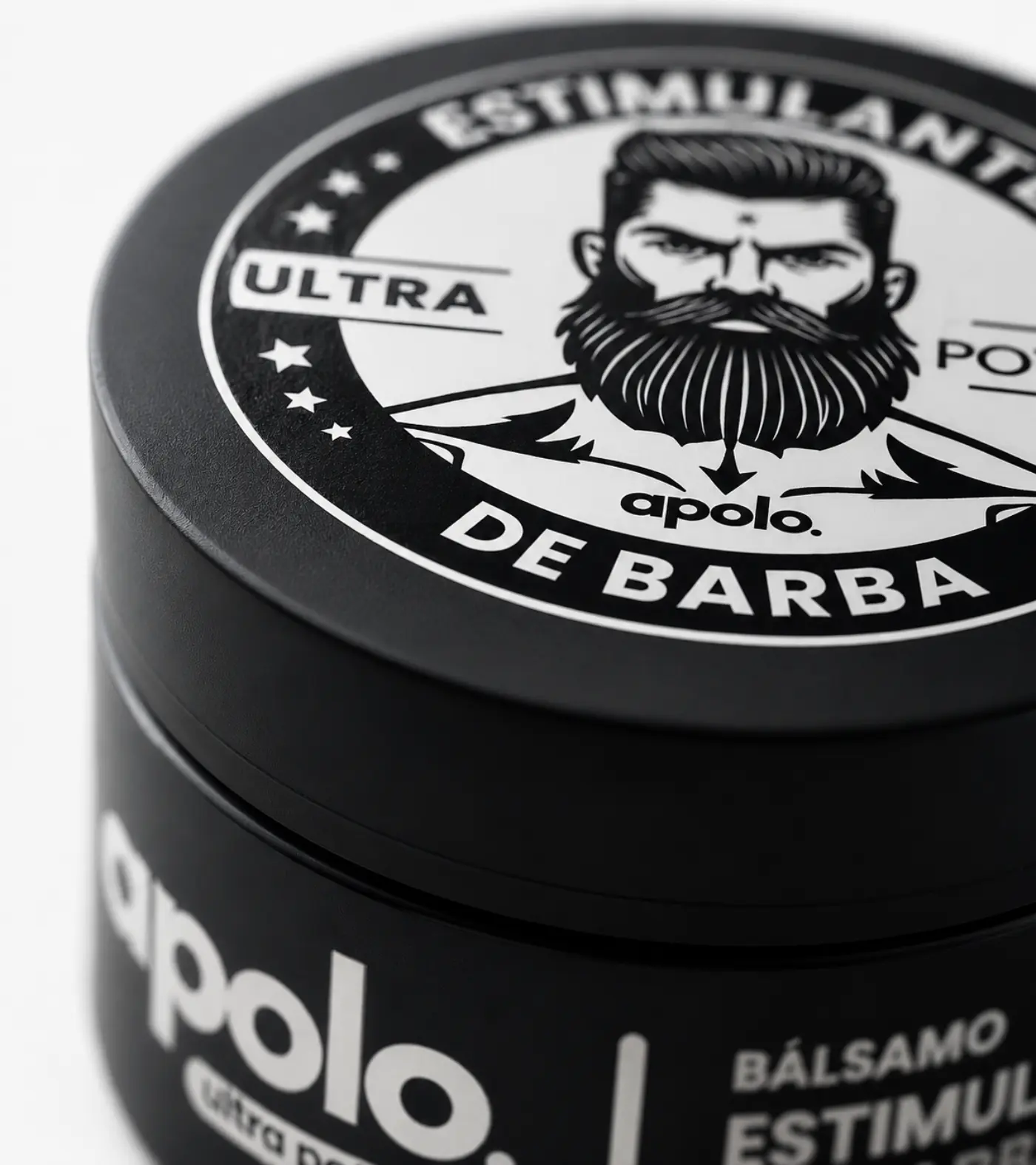 Close-up macro shot of the high-quality white print lettering and logo on the Apolo beard balm jar.