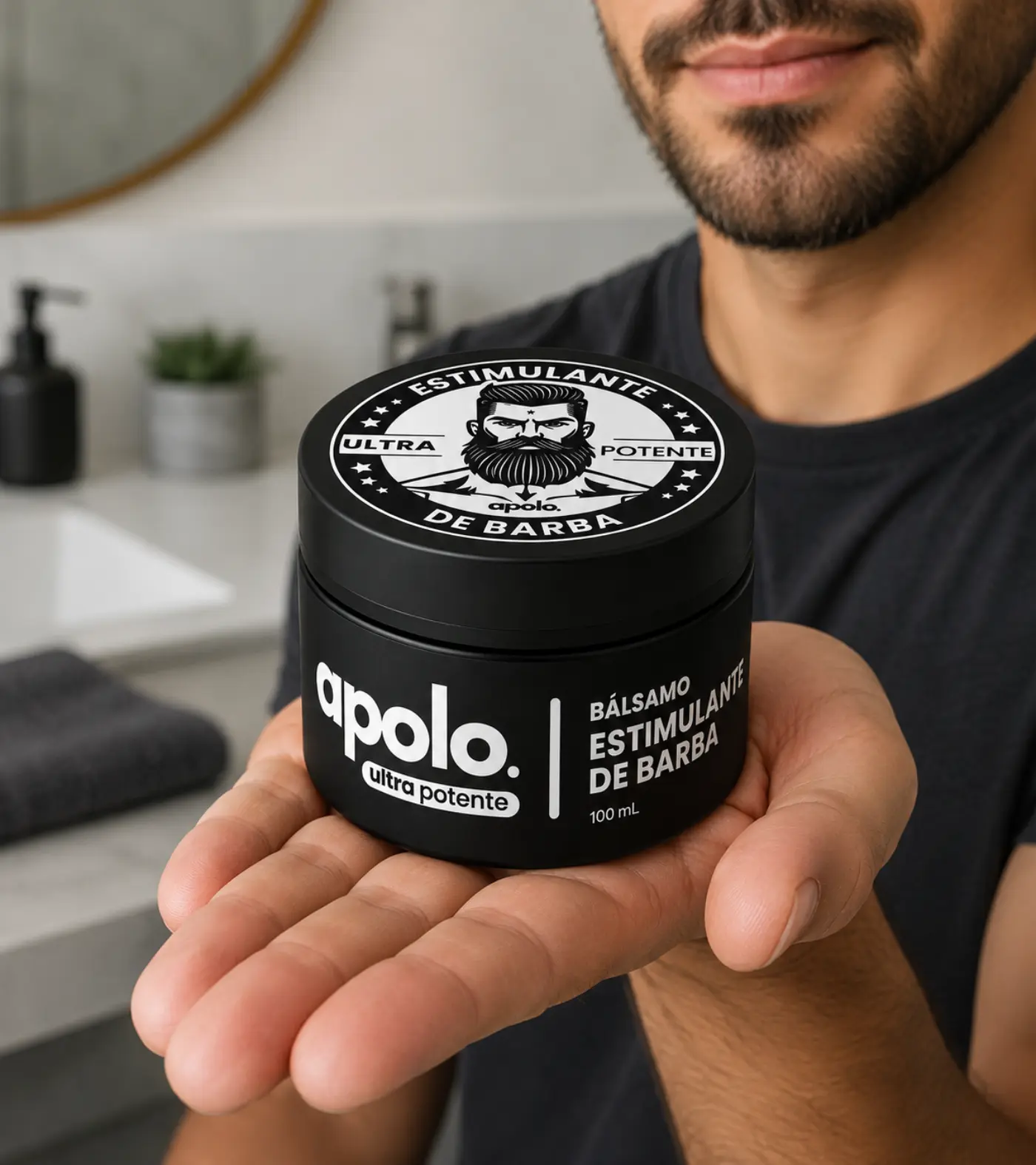 Groomed man holding the 100ml black jar of Apolo beard stimulating balm in his hand to show product size.