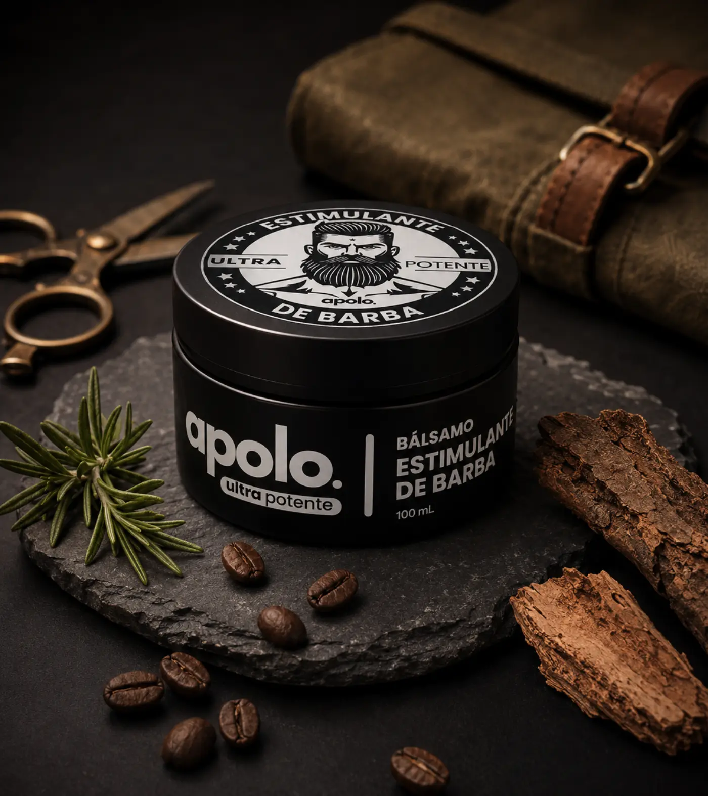 Apolo beard balm jar styled on a dark tray with professional barber scissors, coffee beans, and wood elements.