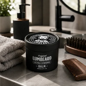 LUMBEARD Ultra Strong Beard Balm with a wooden comb, beard brush and towels on a bathroom countertop